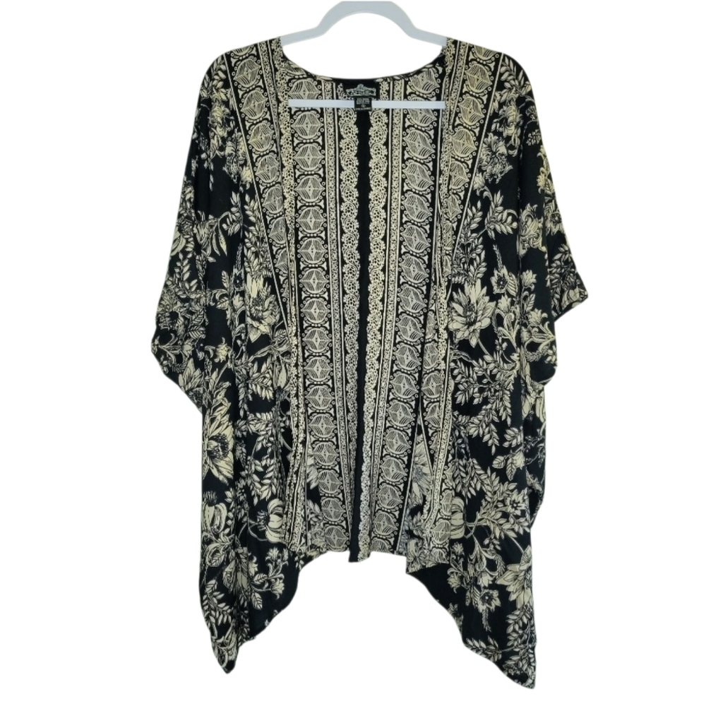 ANGIE Artsy Floral Print Open Front Boho‎ Flowy Black Kimono S